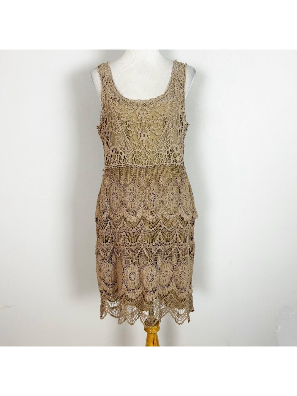 Y2K Brown Crochet Shift Dress Boho Beach Resort Summer Earthy Size 14 Women's